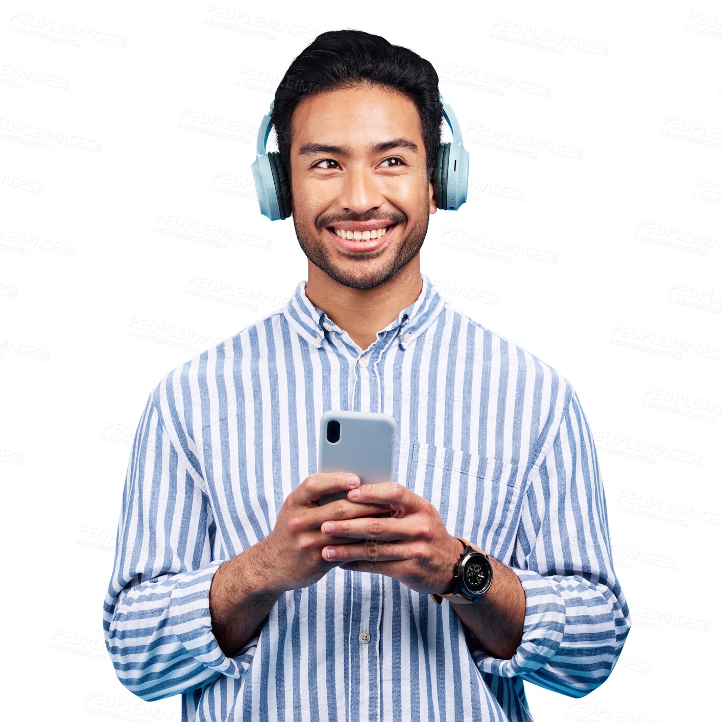 Buy stock photo Man, smartphone and headphones, music and social media with entertainment. Asian male person, thinking and tech or online, streaming radio and audio or smile, isolated and transparent png background