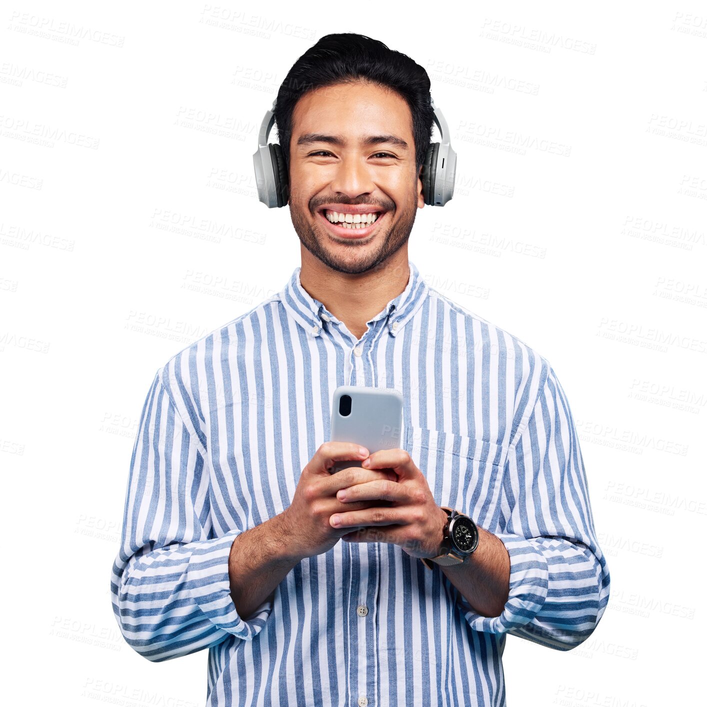 Buy stock photo Portrait, man and headphones with cellphone for music, podcast and streaming sound, subscription or multimedia isolated on transparent png background. Happy asian model, mobile and listening to radio