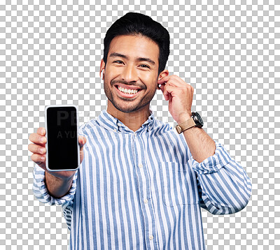 Buy stock photo Portrait, happy man and presentation with phone screen for mockup of offer on streaming app. Asian person, smile and earphones on isolated or transparent png background for internet, music or podcast