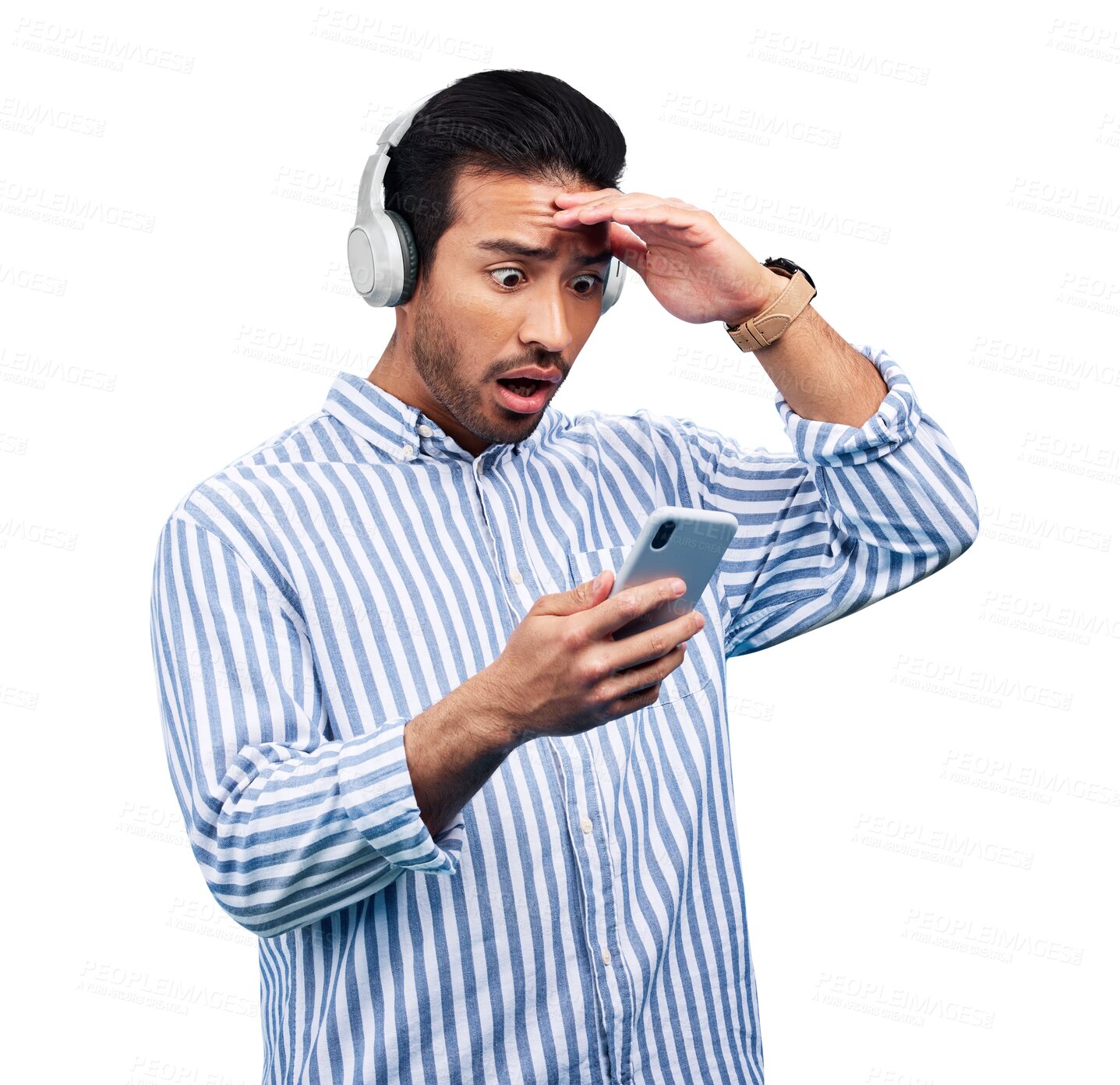 Buy stock photo Wow, news and surprised man with phone, headphones or music subscription quote on isolated, transparent or png background. Omg, smartphone and male model with emoji shock for sign up, app or podcast