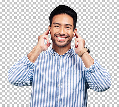 Portrait, earphones and happy man with music in studio, relax and smile on blue background. Radio, face and asian male listening to podcast, streaming or audio, online or subscription while isolated