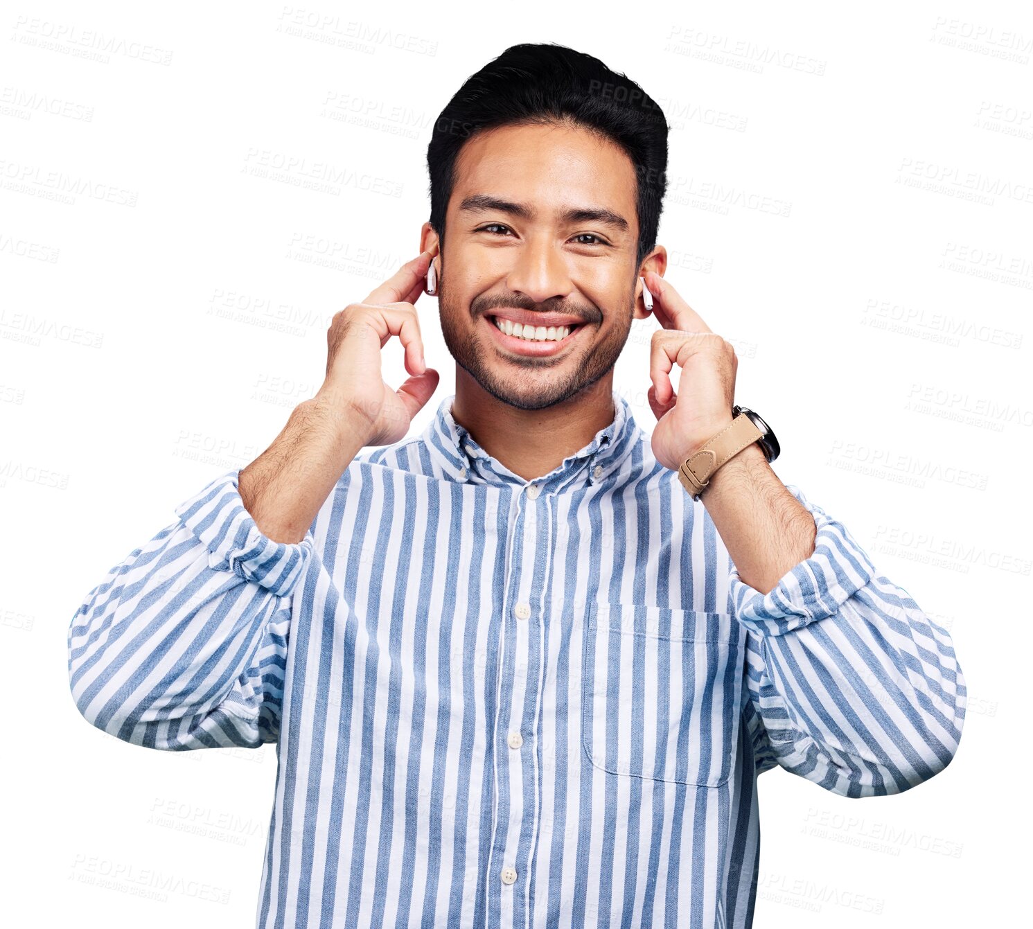 Buy stock photo Man, smile and earphones in portrait, sound and streaming radio or audio song and playlist. Happy asian male person, isolated and listening to music, relax and podcast on transparent png background