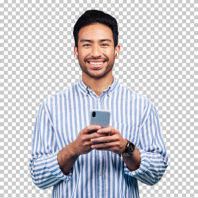 Buy stock photo Man, smartphone and earphones, portrait and social media with entertainment. Asian male person, smile and wireless tech or online, streaming radio and audio or isolated on transparent png background