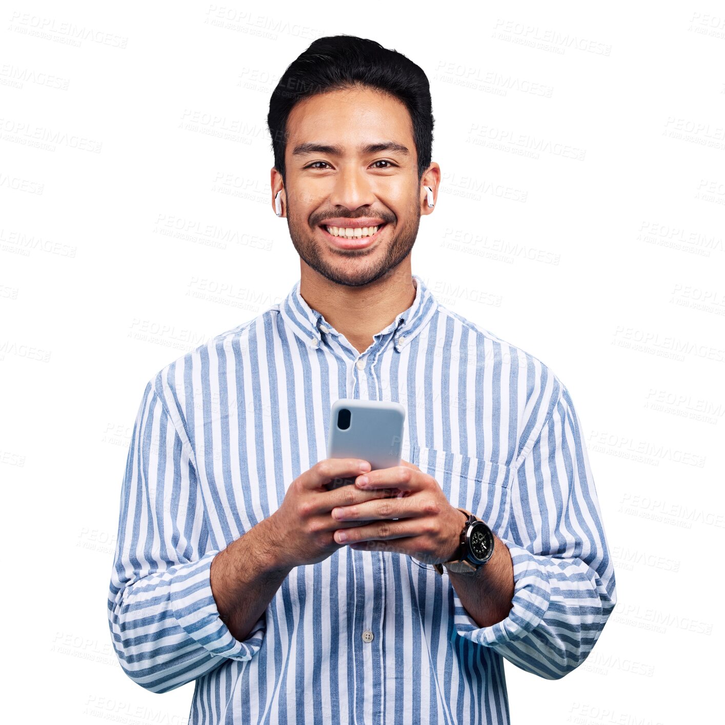 Buy stock photo Man, smartphone and earphones, portrait and social media with entertainment. Asian male person, smile and wireless tech or online, streaming radio and audio or isolated on transparent png background