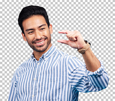 Small, hand and gesture of a man with a smile in studio showing a tiny measurement. Isolated, blue background and male model show happiness and positive opinion with hands from small size sign