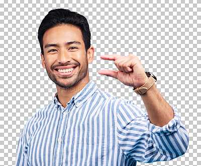 Buy stock photo Small, hand and gesture of a man in portrait with a smile showing a little measurement. Face, Asian person show tiny size and pinch, sign or scale, symbol and isolated on a transparent png background