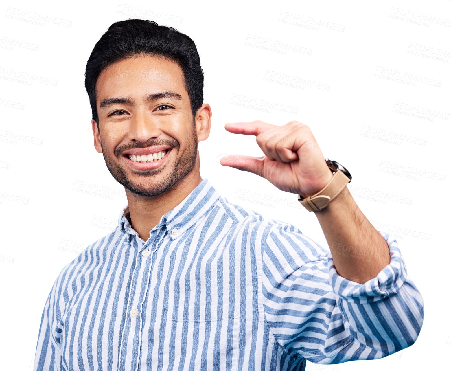 Buy stock photo Small, hand and gesture of a man in portrait with a smile showing a little measurement. Face, Asian person show tiny size and pinch, sign or scale, symbol and isolated on a transparent png background