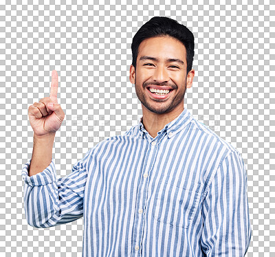 Buy stock photo Man, portrait and pointing up with smile for advertising choice, decision or information about us isolated on transparent png background. Asian model, presentation and ads for deal, news or promotion