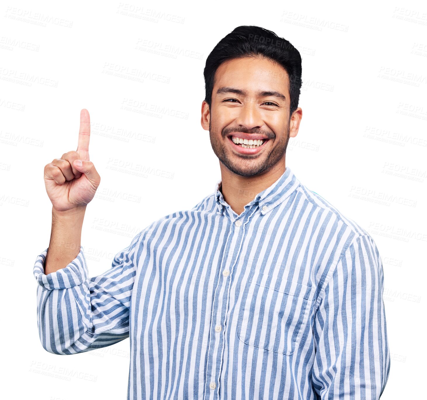 Buy stock photo Man, portrait and pointing up with smile for advertising choice, decision or information about us isolated on transparent png background. Asian model, presentation and ads for deal, news or promotion