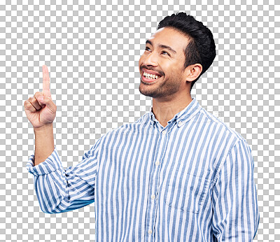 Buy stock photo Man, thinking and pointing up with smile for advertising choice, launch or announcement about us isolated on transparent png background. Asian model, presentation and ads for deal, ideas or promotion