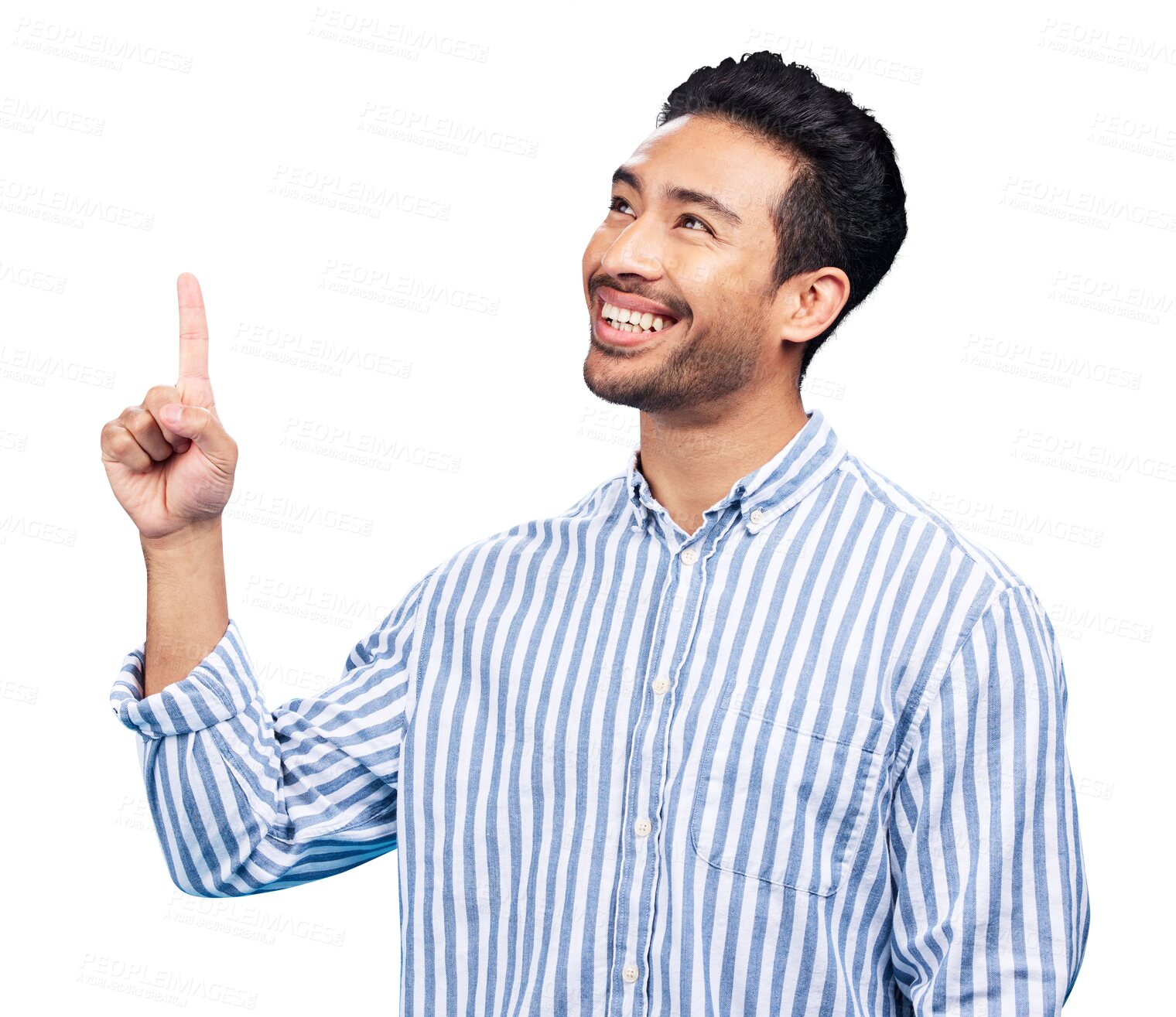 Buy stock photo Man, thinking and pointing up with smile for advertising choice, launch or announcement about us isolated on transparent png background. Asian model, presentation and ads for deal, ideas or promotion