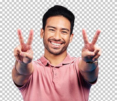 Portrait, peace sign and Asian man with a smile, support and confident on a blue studio background. Face, male person or model with v gesture, emoji and symbol with happiness, hands and peaceful icon