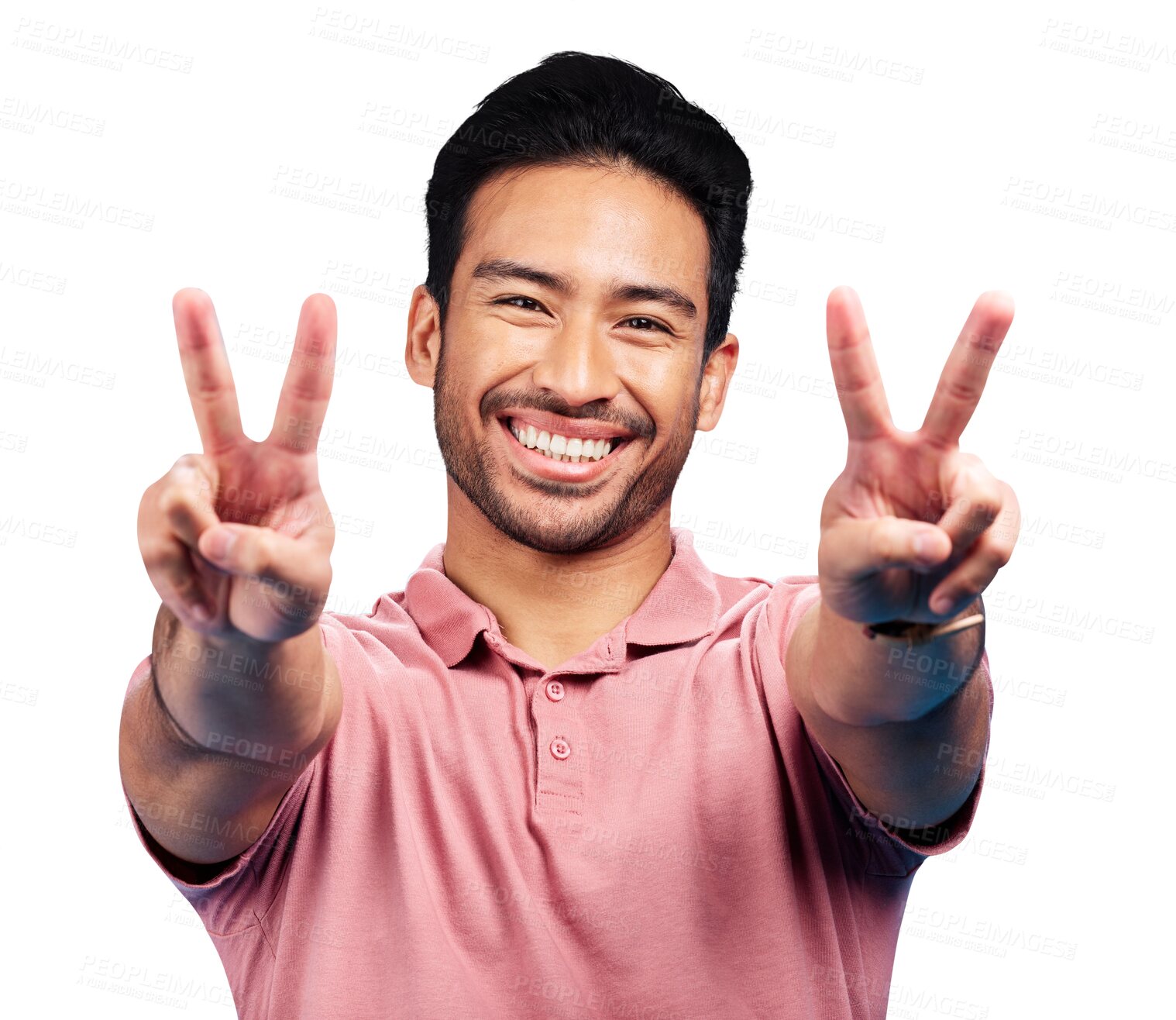 Buy stock photo Peace, portrait and man with smile for winning, vote or good feedback isolated on transparent png background. Happy asian model, hands and v sign for hope, emoji and icon of freedom, support or pride