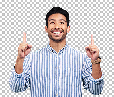 Buy stock photo Man, thinking and pointing up for advertising ideas, decision and information about us isolated on transparent png background. Happy asian model show presentation of promotion, announcement or choice