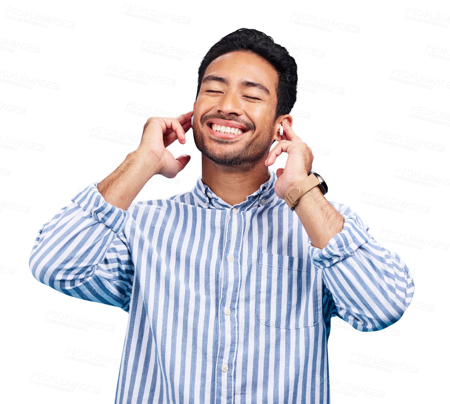 Buy stock photo Man, relax and earphones for music and happy entertainment, sound and freedom. Asian male person, smile and technology or online, streaming radio and audio or isolated on transparent png background