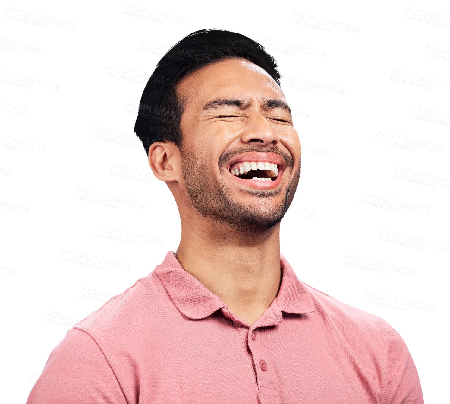 Buy stock photo Happy man, eyes closed and laugh at funny joke for humor, comic or comedy for wellness. Asian person, male model and excited emoji on isolated or transparent png background with smile for crazy story