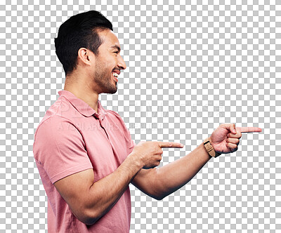 Mockup, happy and man point on blue background for news, information and deal announcement. Advertising, branding and excited male pointing for copy space, promotion and showing gesture in studio