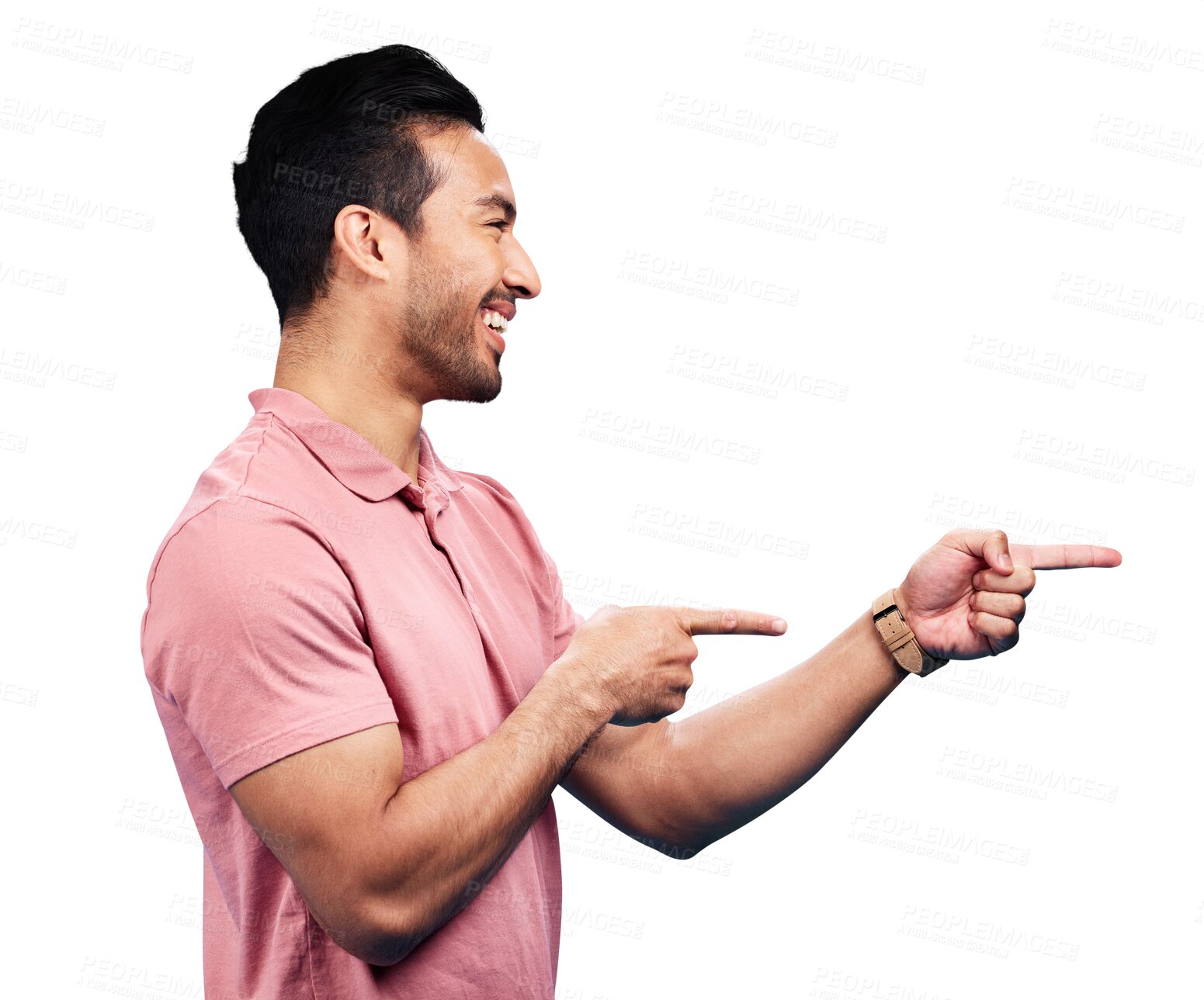 Buy stock photo Happy, man and pointing in profile for advertising information, deal or choice isolated on transparent png background. Asian model show presentation for feedback, promotion or launch of news about us