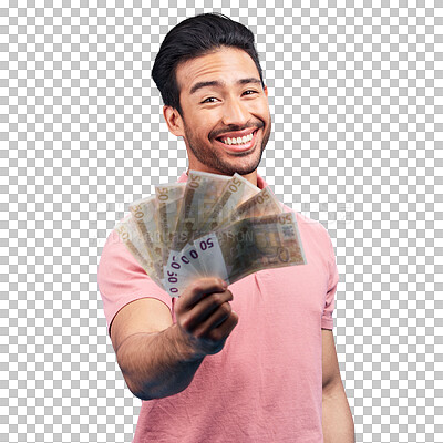 Buy stock photo Isolated man, money fan and portrait with smile for financial freedom, goal or profit by transparent png background. Investor, trader and winner with bonus cash, revenue or results with achievement