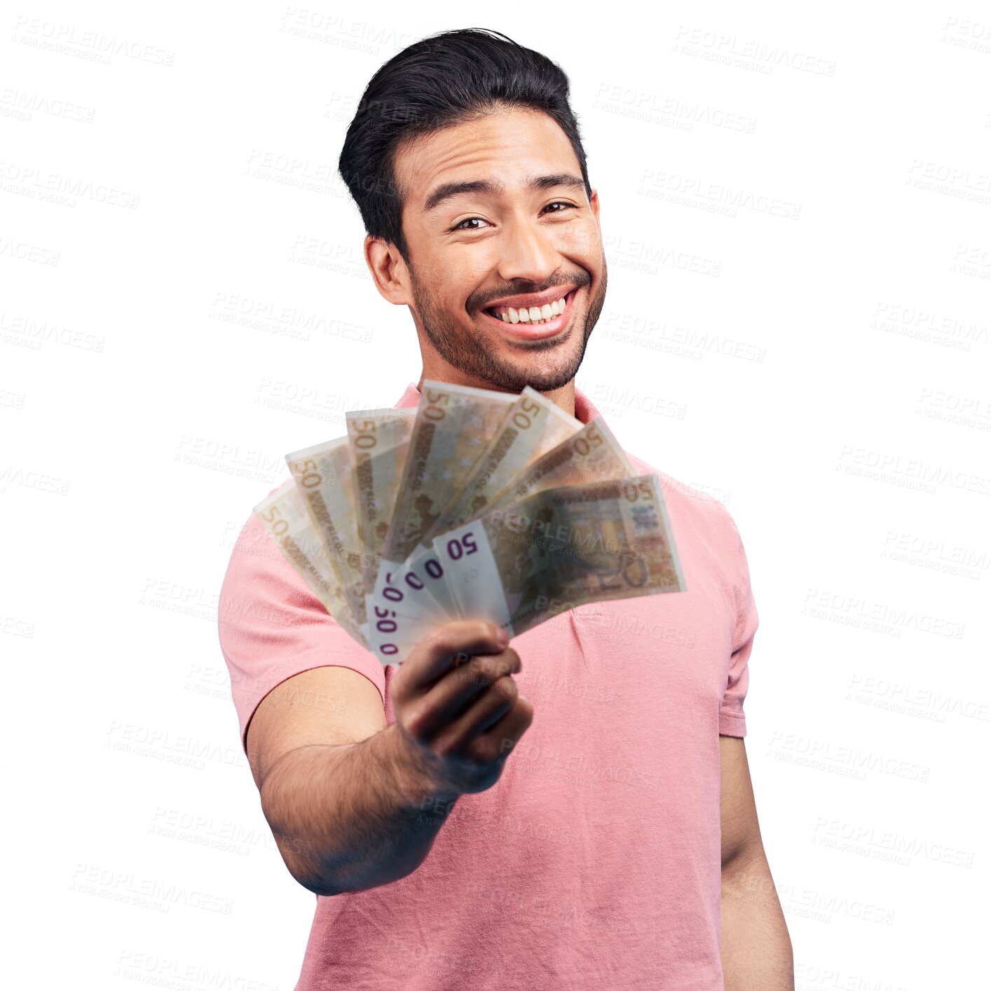 Buy stock photo Isolated man, money fan and portrait with smile for financial freedom, goal or profit by transparent png background. Investor, trader and winner with bonus cash, revenue or results with achievement