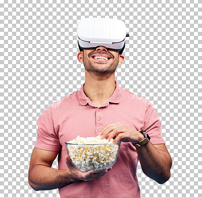 Vr, popcorn and movie with man in studio for streaming, met verse and cinema. Happy, technology and digital with male watching tv on blue background for virtual reality, television and future theater