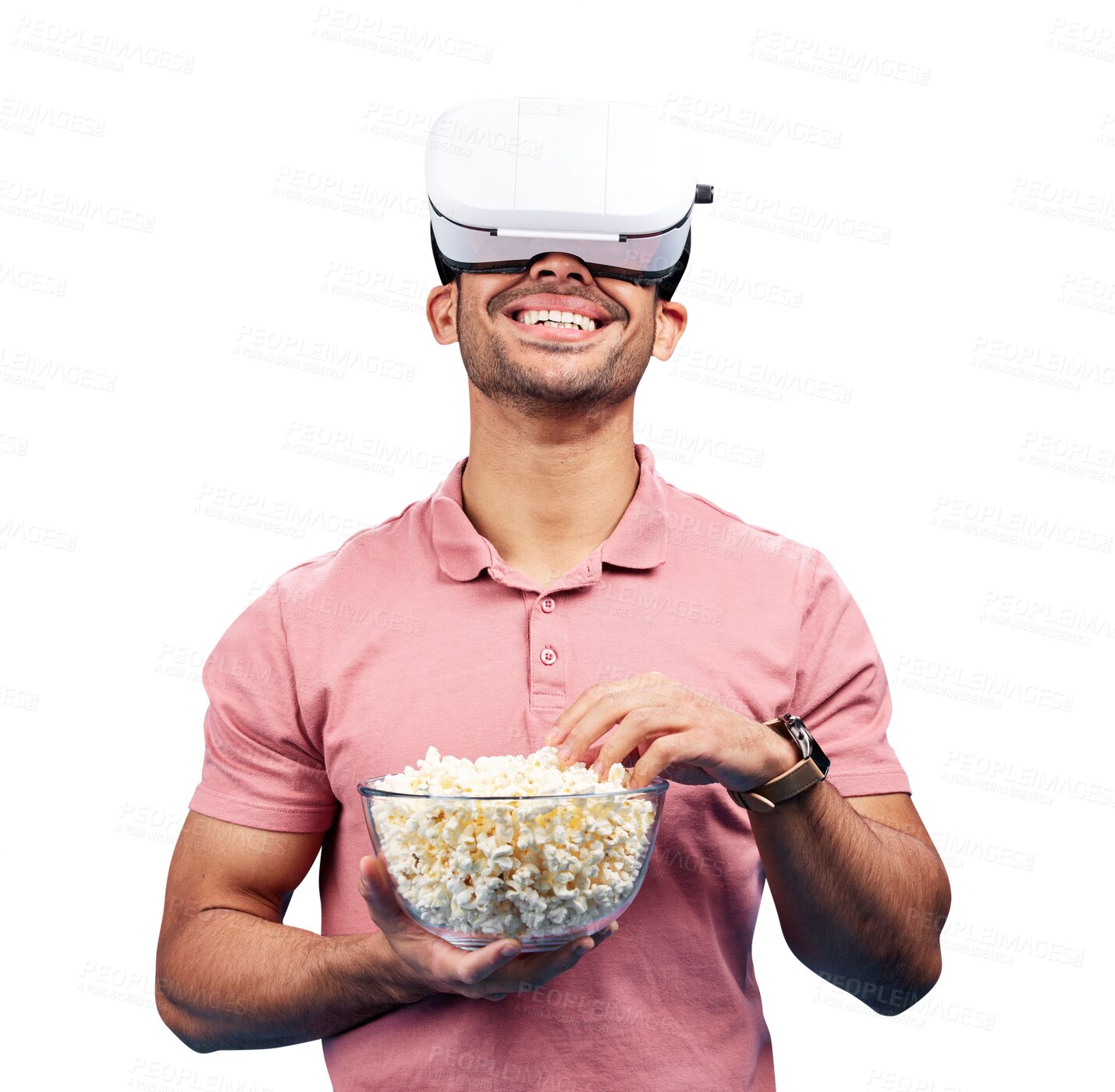 Buy stock photo Man, popcorn and virtual reality or futuristic goggles for tech, isolated on transparent png background. Male person, 3d glasses and metaverse digital world or streaming, innovation or gaming snack