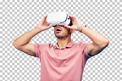 Man, virtual reality and surprise with UX and metaverse, futuristic technology isolated on blue background. Gamer, VR headset or goggles, male person in digital world with wow expression in studio