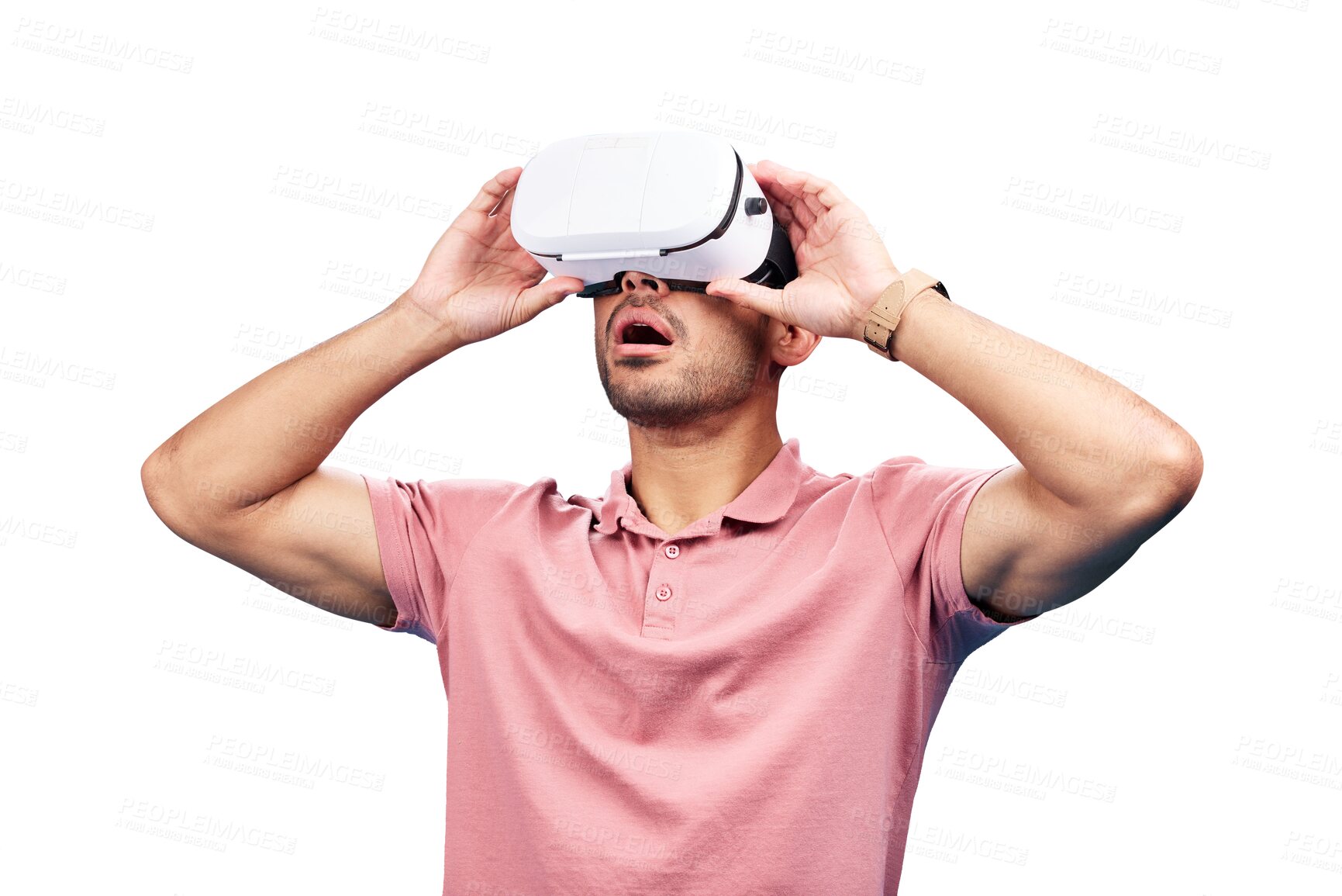 Buy stock photo Man, wow and virtual reality or futuristic goggles for fantasy tech, isolated on transparent png background. Male person, 3d glasses and metaverse digital world for streaming, innovation or gaming