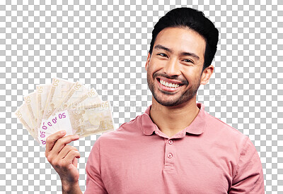 Buy stock photo Man, cash fan and portrait with smile for financial freedom, goal or profit by transparent png background. Isolated investor, trader and winner with bonus money, revenue or results with achievement