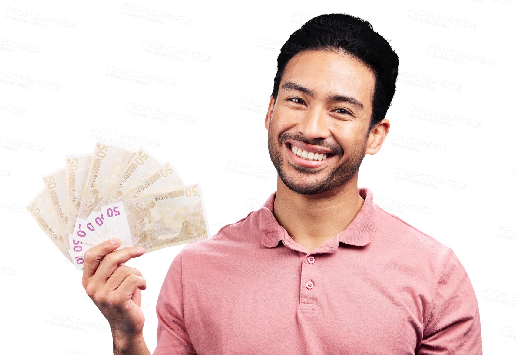 Buy stock photo Man, cash fan and portrait with smile for financial freedom, goal or profit by transparent png background. Isolated investor, trader and winner with bonus money, revenue or results with achievement