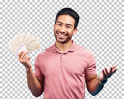 Buy stock photo Isolated man, cash fan and portrait with smile for financial freedom, goal or profit by transparent png background. Investor, trader and winner with bonus money, revenue or results with achievement