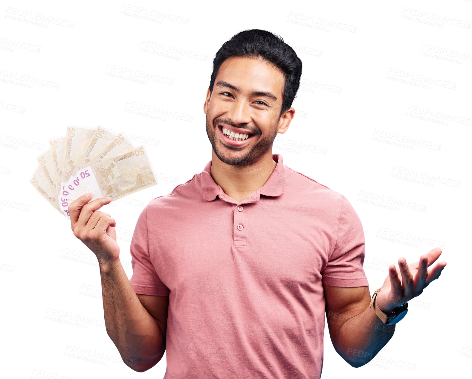 Buy stock photo Isolated man, cash fan and portrait with smile for financial freedom, goal or profit by transparent png background. Investor, trader and winner with bonus money, revenue or results with achievement