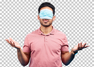 Face mask, covid and man in blindfold shrugging in studio for doubt, medical misinformation or conspiracy theory. Confusion, virus or person with ppe isolated on blue background for pandemic question