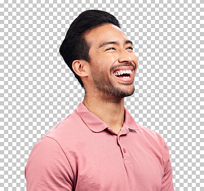 Buy stock photo Thinking, happy and laughing asian man with funny memory on isolated, transparent or png background. Face, smile or Japanese male model remember joke, comedy or silly idea, humor or positive attitude