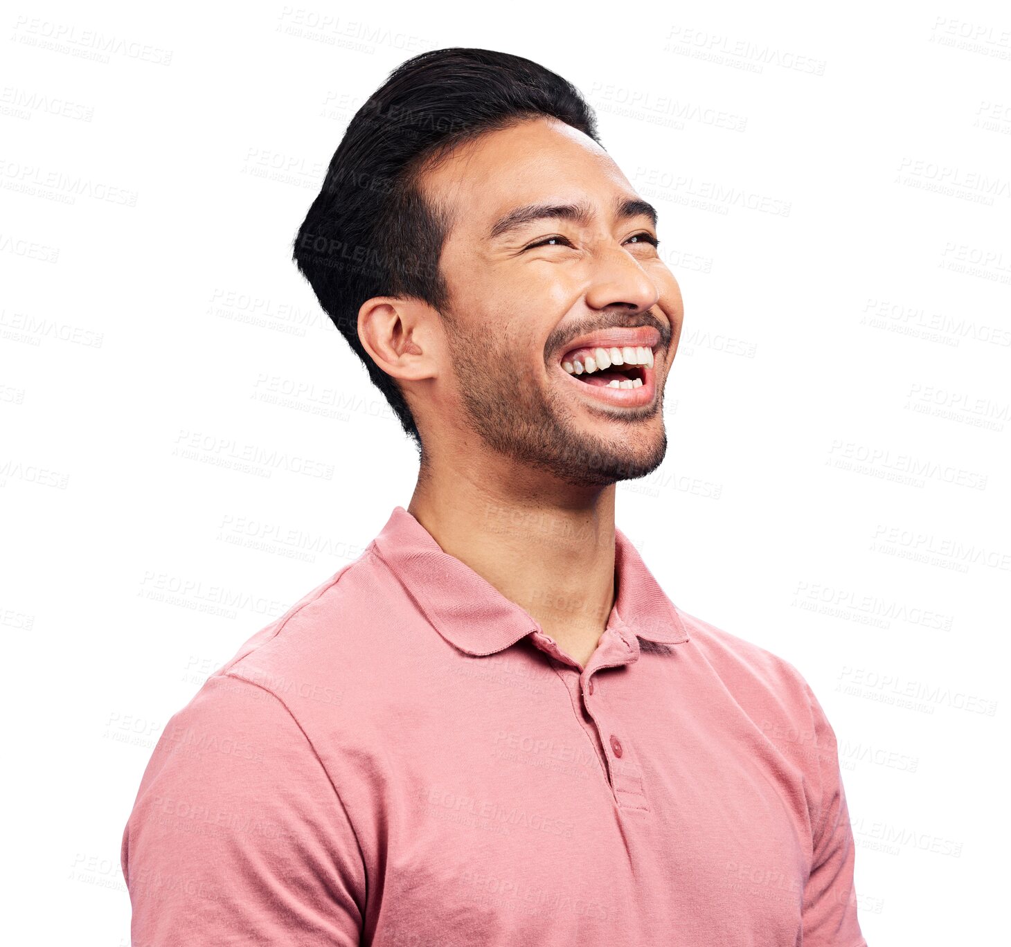 Buy stock photo Thinking, happy and laughing asian man with funny memory on isolated, transparent or png background. Face, smile or Japanese male model remember joke, comedy or silly idea, humor or positive attitude