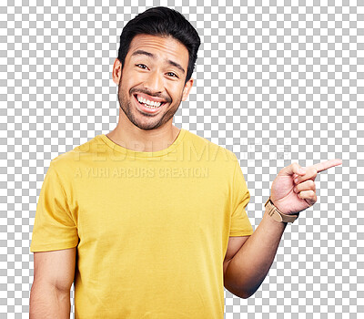 Buy stock photo Asian man, portrait and pointing with smile for advertising information, deal or choice isolated on transparent png background. Presentation, feedback and promotion of launch, review or news about us