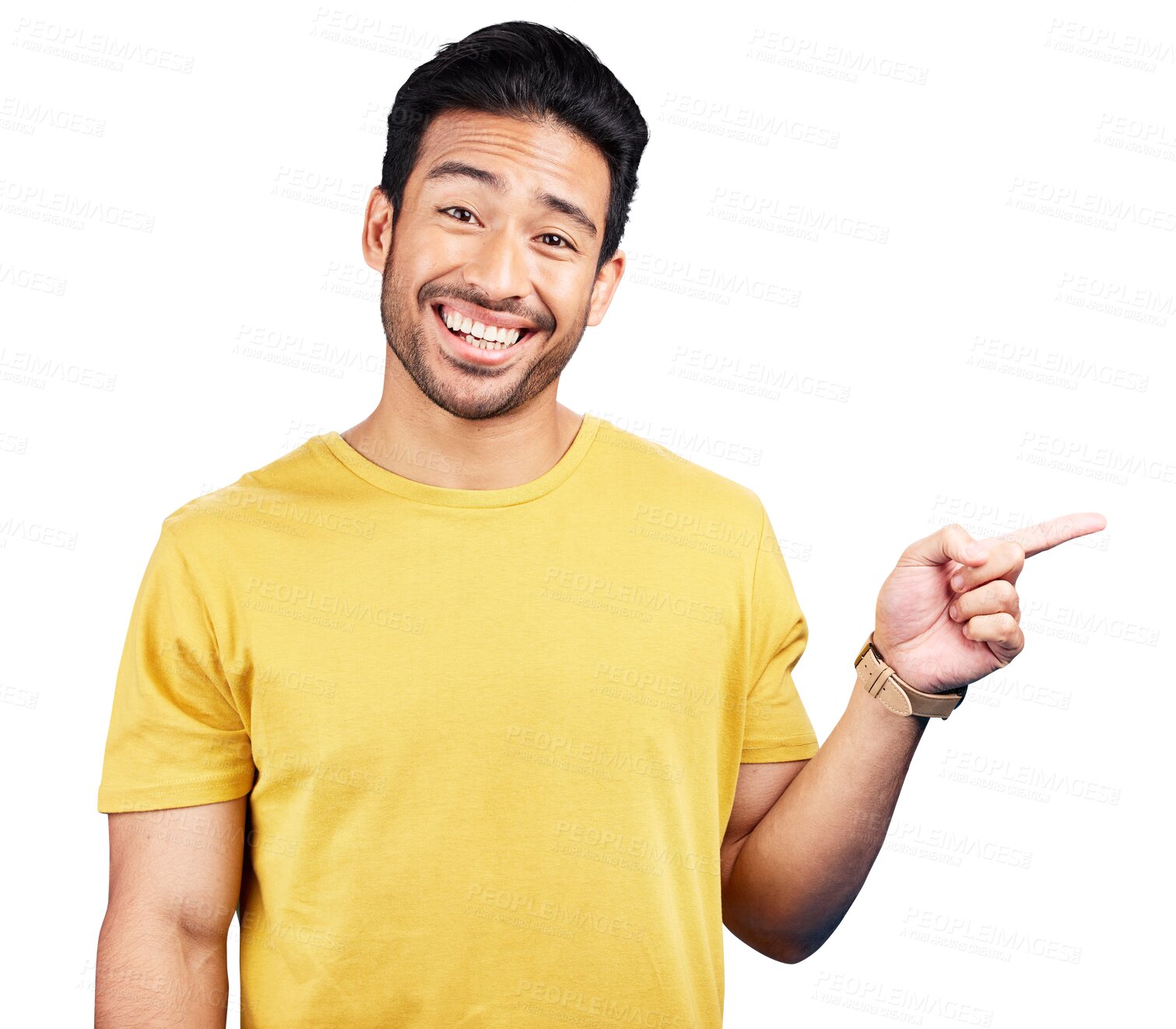 Buy stock photo Asian man, portrait and pointing with smile for advertising information, deal or choice isolated on transparent png background. Presentation, feedback and promotion of launch, review or news about us