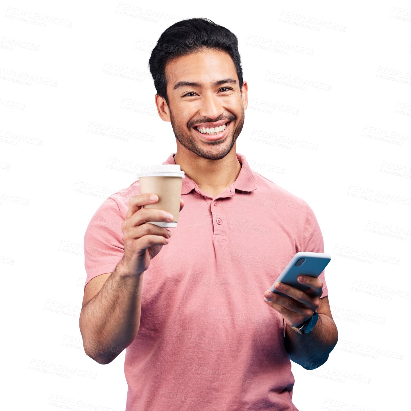 Buy stock photo Social media, smile and asian man with coffee, phone and happy isolated transparent png background. Communication, person or technology with cappuccino, tea and ready for day, chat and opportunity