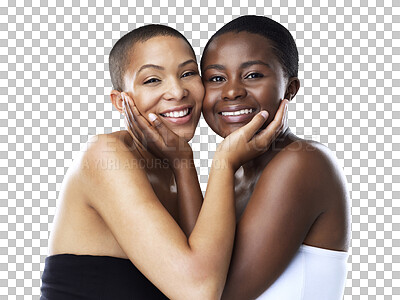 Buy stock photo Skincare, diversity and portrait of couple of women isolated on transparent png background with smile, facial care and skin glow. Beauty, face and friends together, happy woman with natural cosmetics