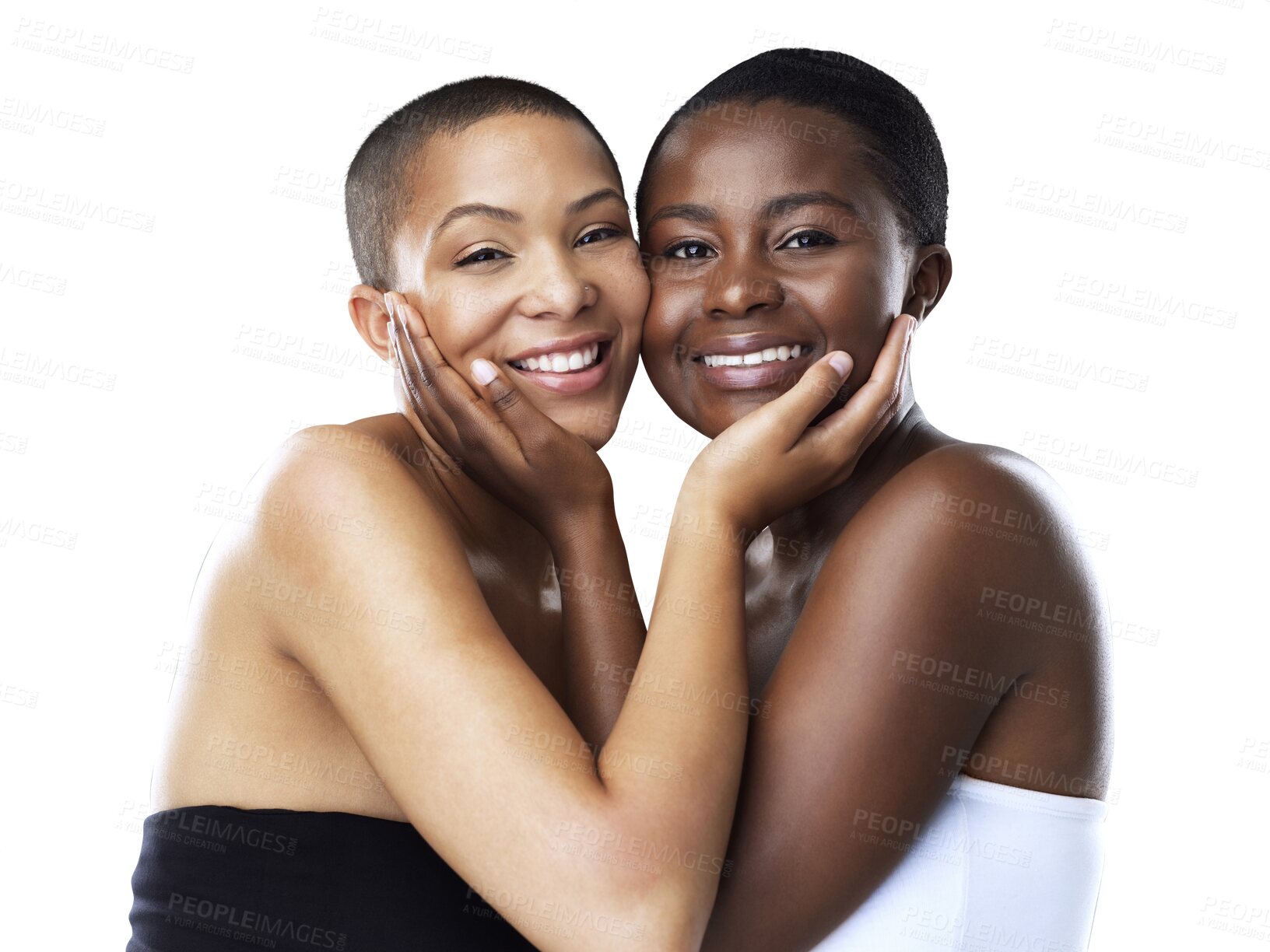 Buy stock photo Skincare, diversity and portrait of couple of women isolated on transparent png background with smile, facial care and skin glow. Beauty, face and friends together, happy woman with natural cosmetics