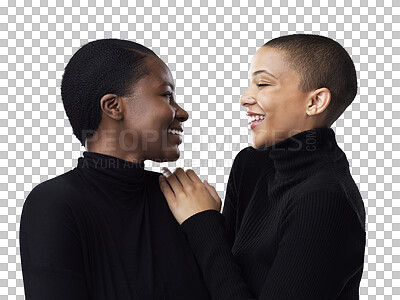 Buy stock photo Support, love or happy lesbian couple laughing in queer, lgbtq or gay community with trust or hug. Relax, funny women or interracial people with care or pride isolated on transparent png background