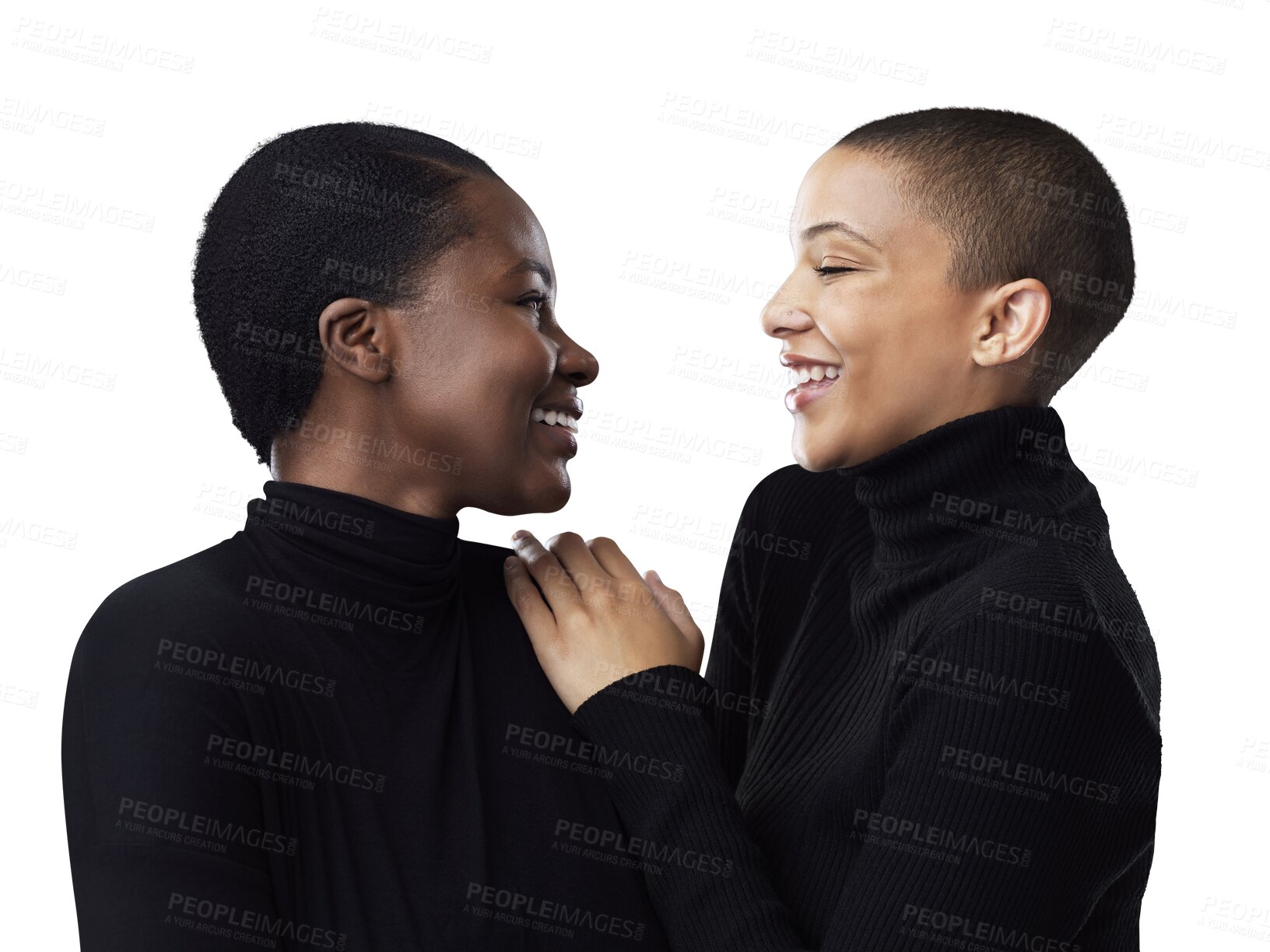 Buy stock photo Support, love or happy lesbian couple laughing in queer, lgbtq or gay community with trust or hug. Relax, funny women or interracial people with care or pride isolated on transparent png background