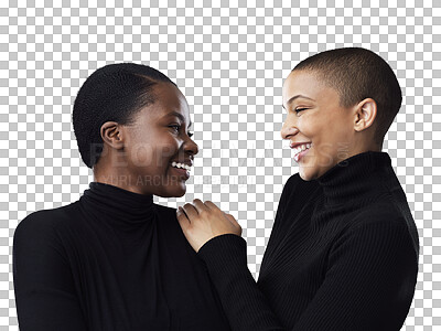 Buy stock photo Pride, love or happy lesbian couple laughing in queer, lgbtq or gay community with trust or joy. Relax, funny women or interracial people with care or support isolated on transparent png background