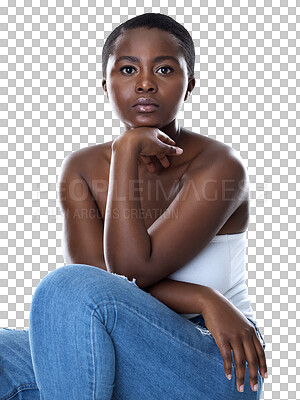 Buy stock photo Isolated, black woman and sitting with beauty, portrait and trendy jeans by transparent png background. African fashion model, gen z girl and person with cosmetic glow in edgy clothes, pride or relax