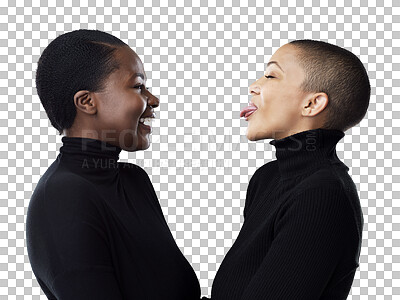 Buy stock photo Crazy, love or happy lesbian couple laughing in queer, lgbtq or gay community with trust or joke. Relax, funny women or interracial people with care or fashion isolated on transparent png background