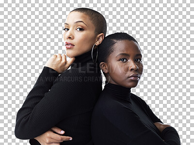 Buy stock photo Back, fashion or portrait of friends for support, love or diversity with solidarity, freedom or confidence. Women, cool or gen z  people with pride or care isolated on transparent png background