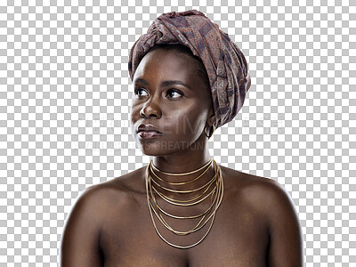 Buy stock photo Fashion, thinking or culture with a black woman isolated on a transparent background for african tradition. Face, idea and heritage with a young person on PNG for creative style, pride or empowerment