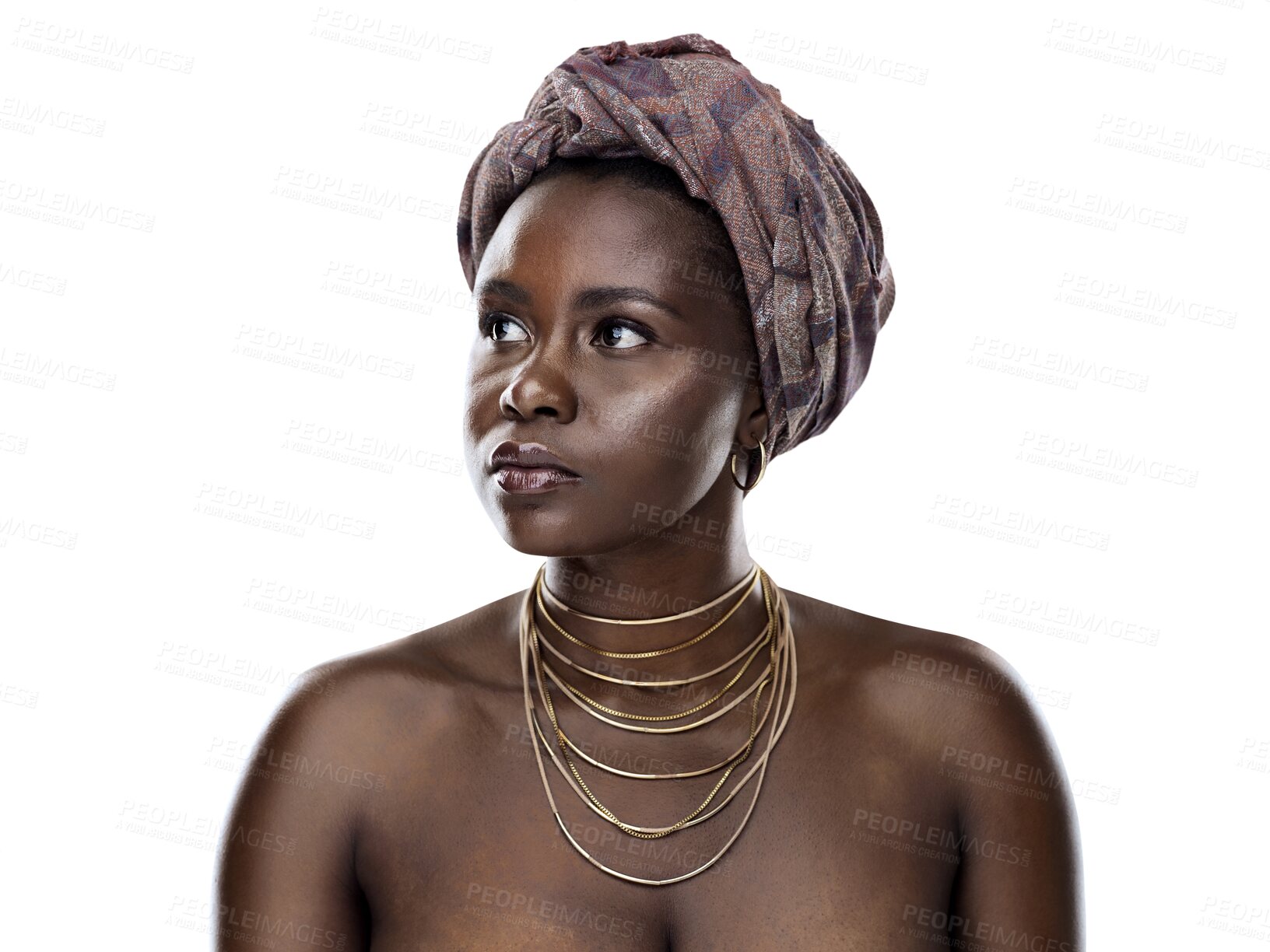 Buy stock photo Fashion, thinking or culture with a black woman isolated on a transparent background for african tradition. Face, idea and heritage with a young person on PNG for creative style, pride or empowerment