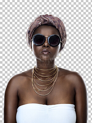 Buy stock photo Black woman, fashion and jewellery, portrait and face with skin and isolated on transparent png background. Sunglasses, beauty and head wrap for empowerment, confidence and fashionable model style