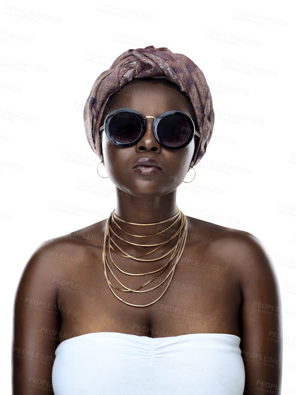 Buy stock photo Black woman, fashion and jewellery, portrait and face with skin and isolated on transparent png background. Sunglasses, beauty and head wrap for empowerment, confidence and fashionable model style